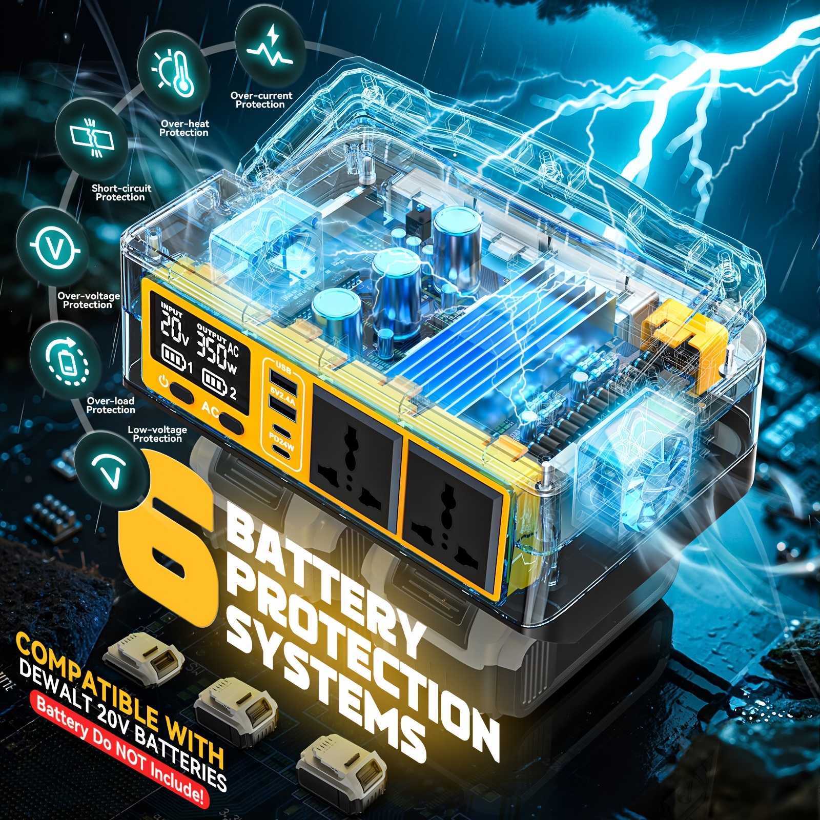 350W Power Inverter Compatible with DeWalt 20V Batteries: Ecarke Portable Power Outlet 2 AC Outlets 2 USB Phone Charger 2 Type-C, Generator DC 18V to AC 110V - Battery Adapter LED Light RGB Light