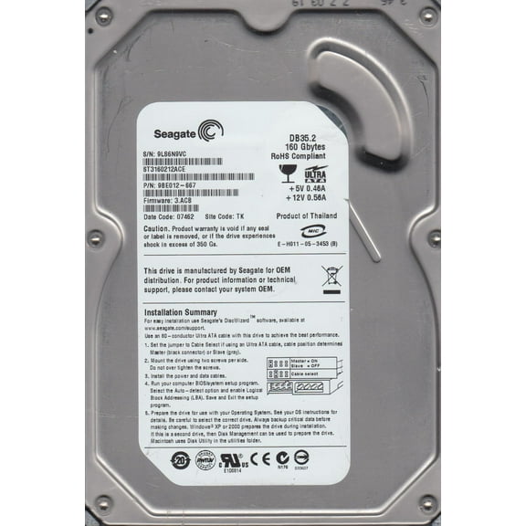ST3160212ACE, 9LS, TK, PN 9BE012-667, FW 3.ACB, Seagate 160GB IDE 3.5 Hard Drive