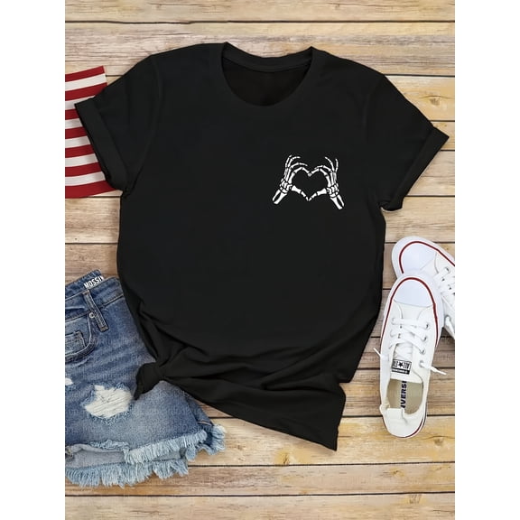 Women's Skeleton Hand Heart Pocket Graphic T‑Shirt, Gothic Spooky Short‑Sleeve Crew‑Neck Casual Summer Layering Tee