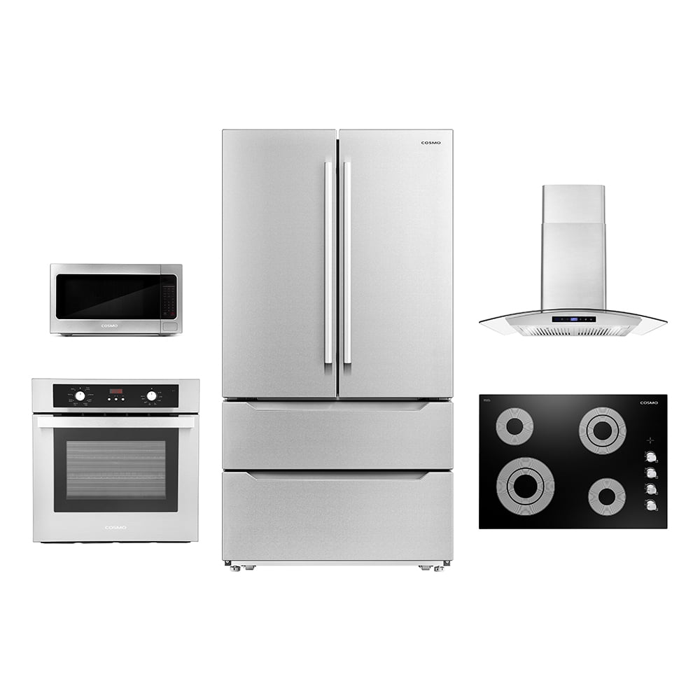 Cosmo 5 Piece Kitchen Appliance Package With 30" Electric Cooktop 30" Wall Mount Range Hood 24" Single Electric Wall Oven 24.4" Countertop Microwave & French Door Refrigerator