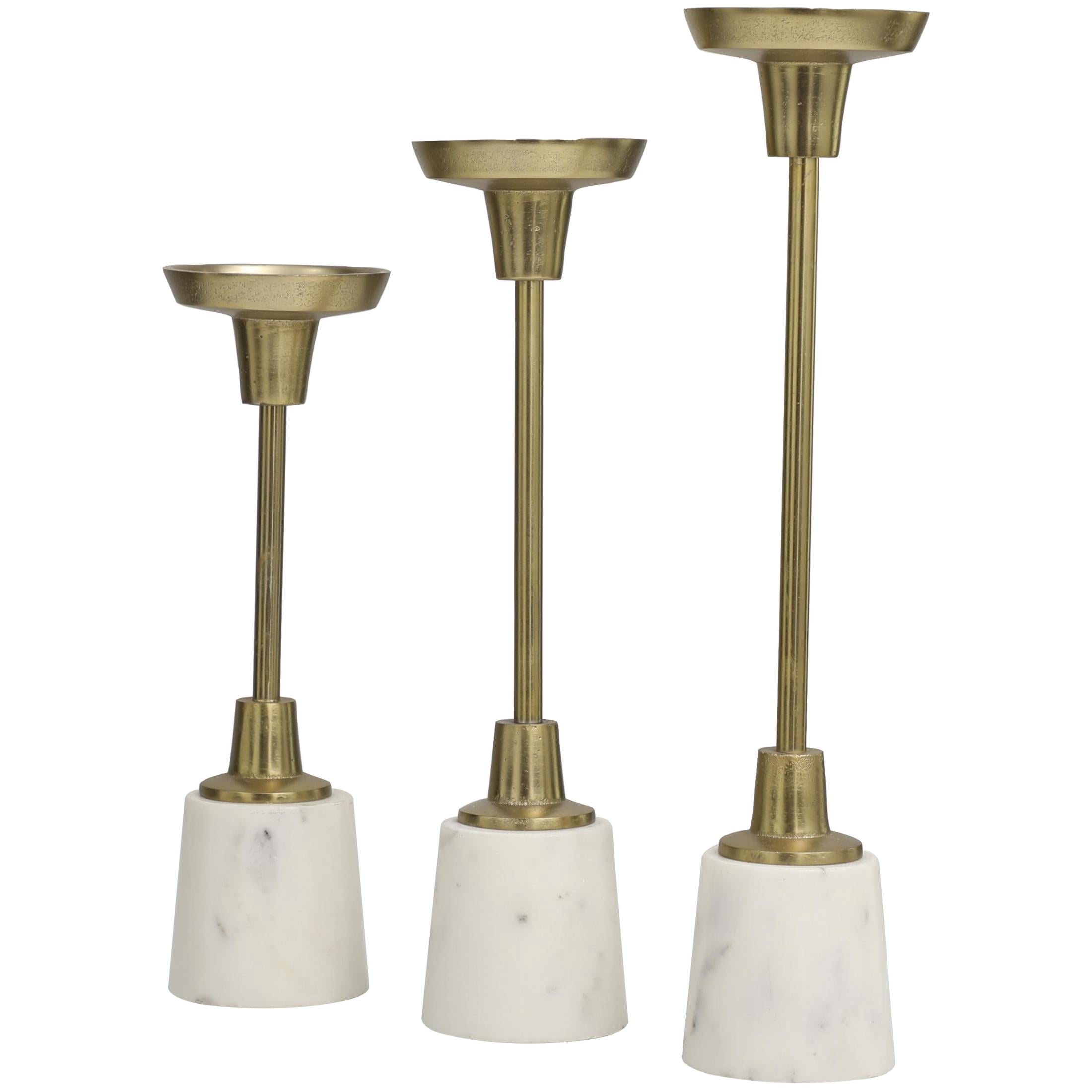 DecMode 3 Candle Gold Aluminum Metal Slim Candle Holder with White Marble Base, Set of 3