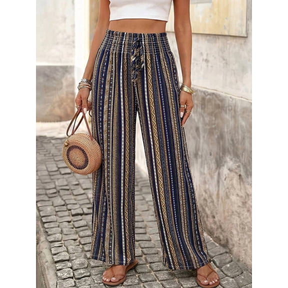 Women Drawstring Elastic Waist Wide Leg Palazzo Pants Flowy Vacation Casual Trousers