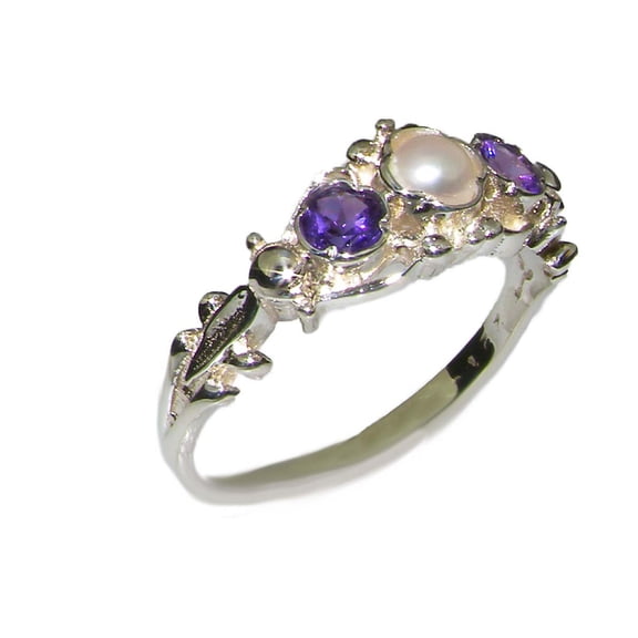 LBG British Made 925 Sterling Silver Cultured Pearl & Amethyst Womens Trilogy Ring - 33 size options - Sizes 4 to 12 Available