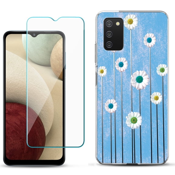 Slim-Fit TPU Phone Case Compatible with Samsung Galaxy A02s, with Tempered Glass Screen Protector, by OneToughShield ® - Daisy Sky
