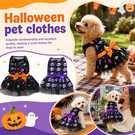 Halloween Small Dog Halloween Small Dog Dress Dog Clothes for Small Dogs Mesh Tulle Hem Witch Ghost Printed Dog Halloween Dress with Orange Satin Bow Accent for Festive
