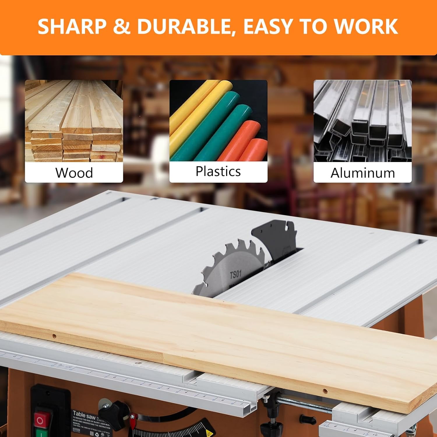 Table Saw, 10 Inch 15A Multifunctional Saw with Stand & Push Stick, 90° Cross Cut & 0-45° Bevel Cut, 5000RPM, Adjustable Blade Height for Woodworking, Orange