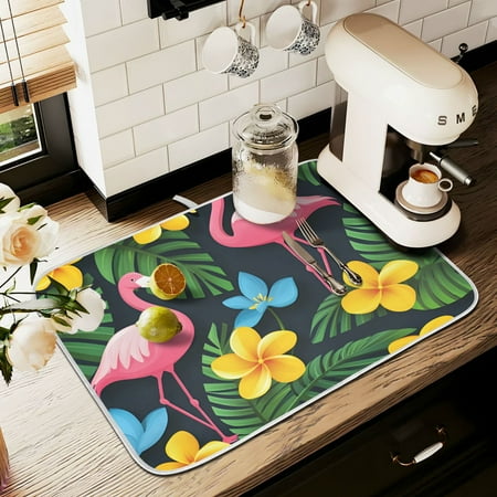 

Yayeee Drying Mat for Kitchen Counter Dishes Microfiber Coffee Decorative Pad Flamingo Floral Pattern