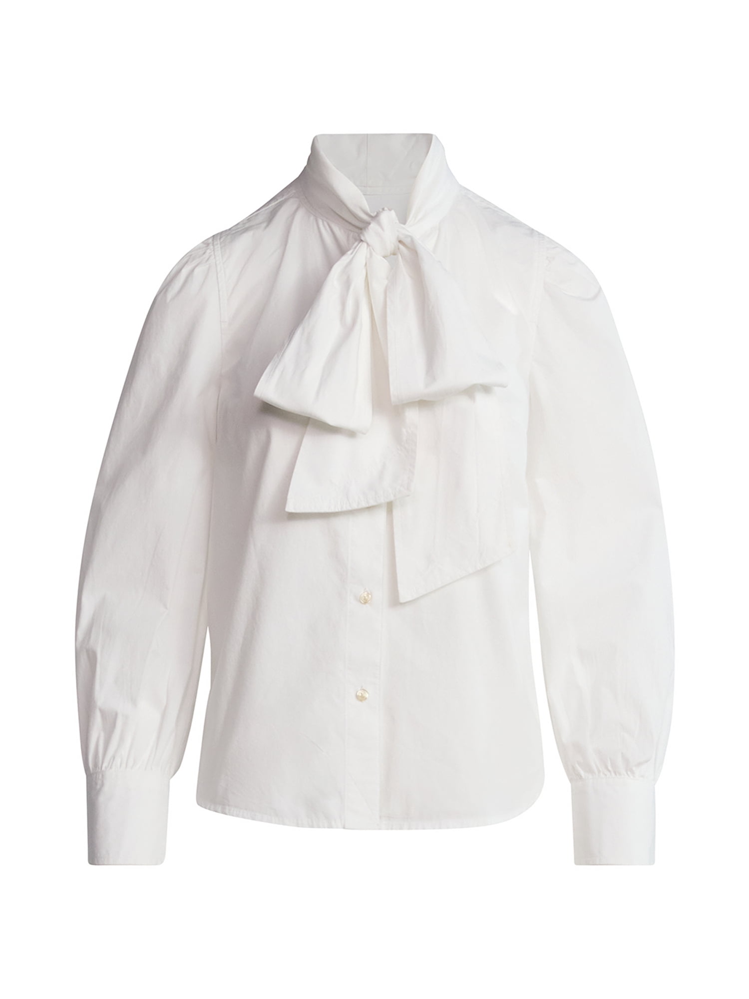 Free Assembly Women's Cotton Tie Neck Blouse with Long Puff Sleeves, Sizes XS-XXL