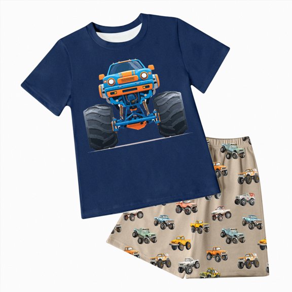 CAICJ98 Toddler Clothes for Boys 2T 3T 4T 5T Kids 2-12 Years Boys 2 Pcs Short Sleeve Graphic Tees and Stretch Shorts Set Cute Toddler Boy Outfits (Navy,3-4 Years)