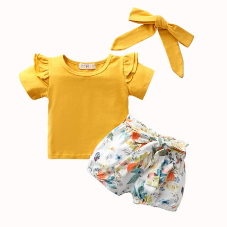 

QWERTYU Toddler Baby Child Girl Boy 3PCS Outfit Short Sleeve Ruffle Bow Tops and Floral Shorts Set Summer Clothing Set with Headband Yellow