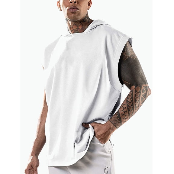 uvwlwu Men's Sleeveless Hooded Tank Top Solid Casual Sports & Fitness Training Vest,L