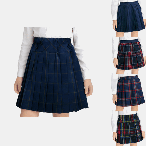 hoksml Girls' Plaid Pleated School Skirt, Elastic Waist A-Line Mini Skirt for Uniform and Casual Wear
