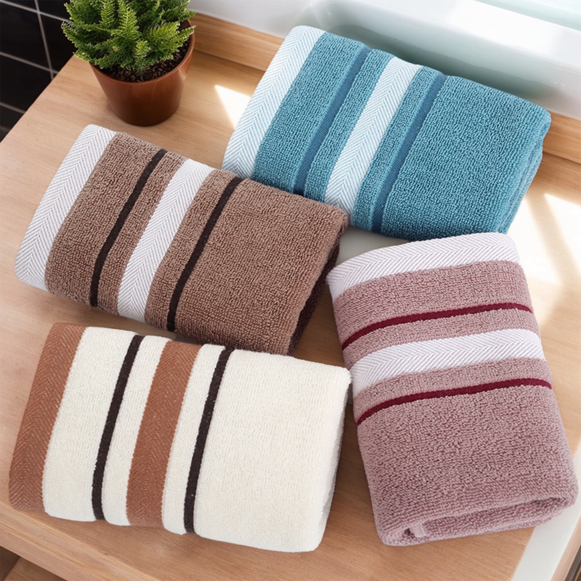 Unique Bargains Striped Set of 2 Absorbent Soft Hand Towels Brown