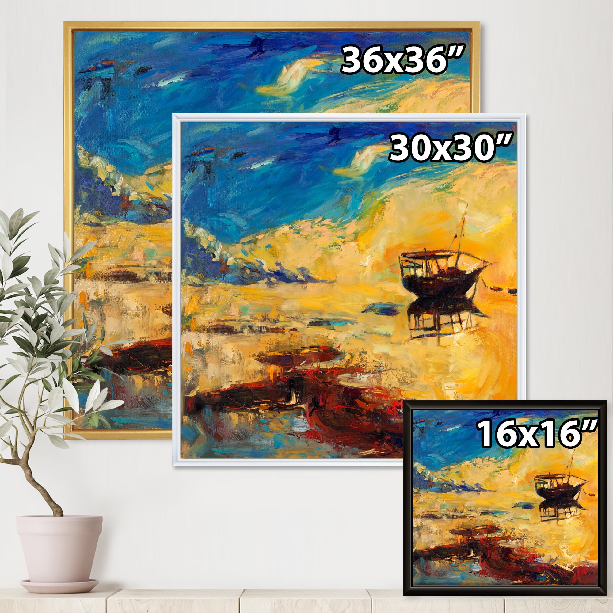 Abstract Boat At The Ocean Horizon During Sunset 16 in x 16 in Framed Painting Canvas Art Print, by Designart