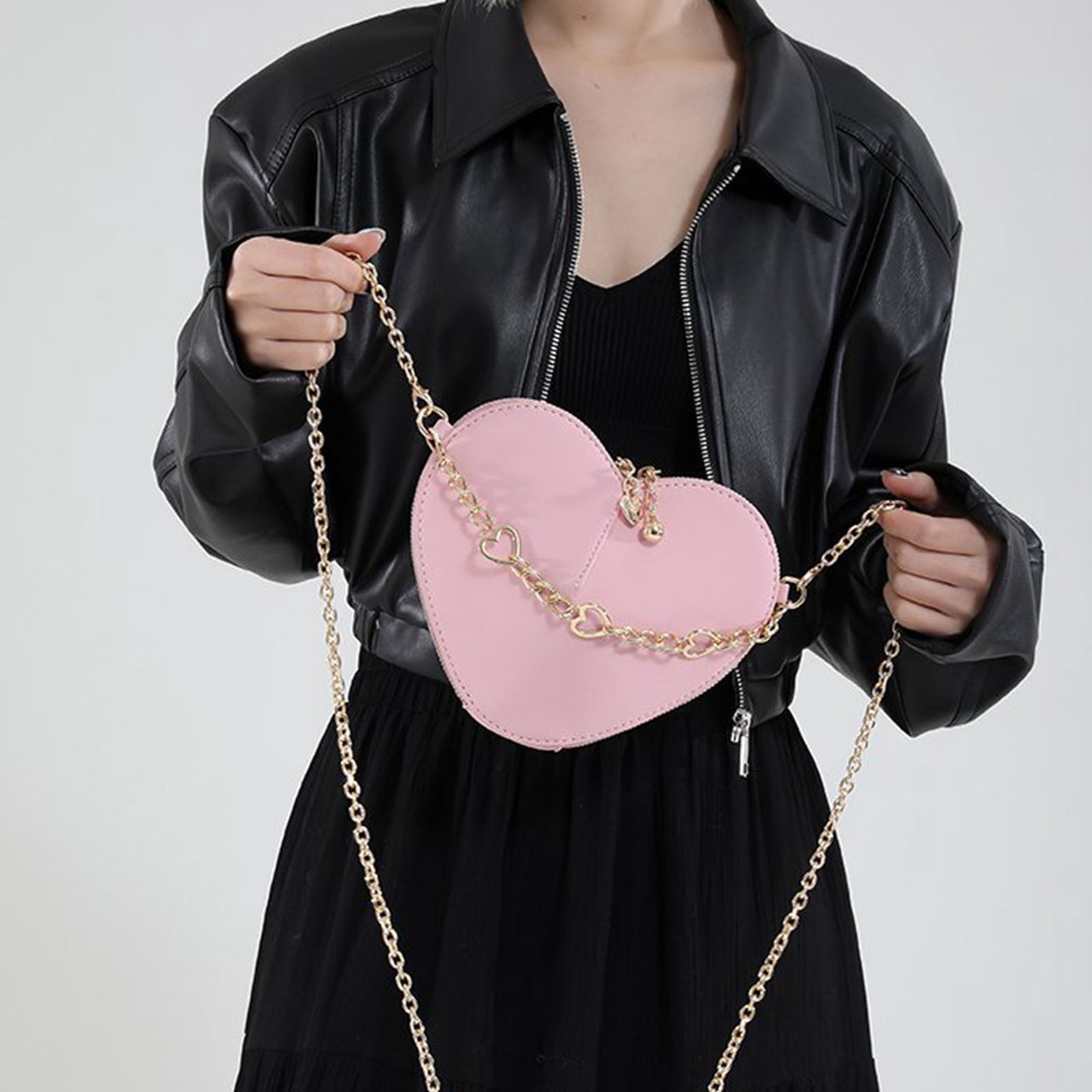 URTERYSER Heart Shaped Crossbody Bag Fashionable PU Leather Shoulder Bags with Chain Strap Satchel Purse for Women and Teens Light Pink