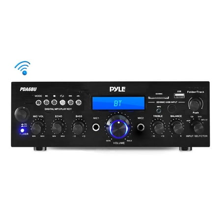 PYLE PDA6BU - Compact Bluetooth Stereo Amplifier - Desktop Audio Power Amp Receiver with FM Radio, MP3/USB/SD Readers, Digital LCD Display, Microphone Input (200 (Best Stereo Tube Amplifier)