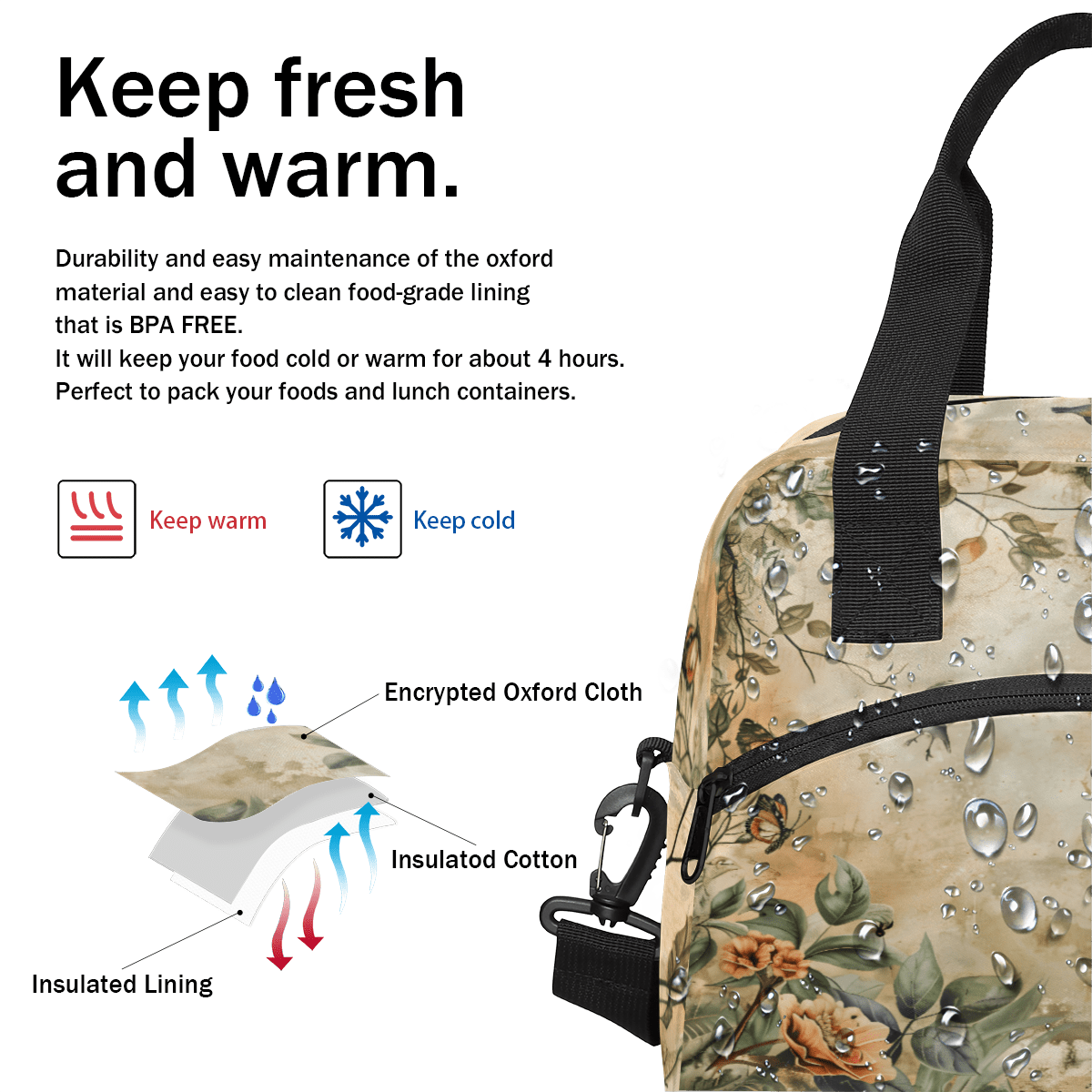 Herdesigns Vintage Birds Flower Insulated Lunch Bag for Women Men Adults Large Reusable Lunch Box Leakproof Portable Cooler Tote Bags with Adjustable Shoulder Strap