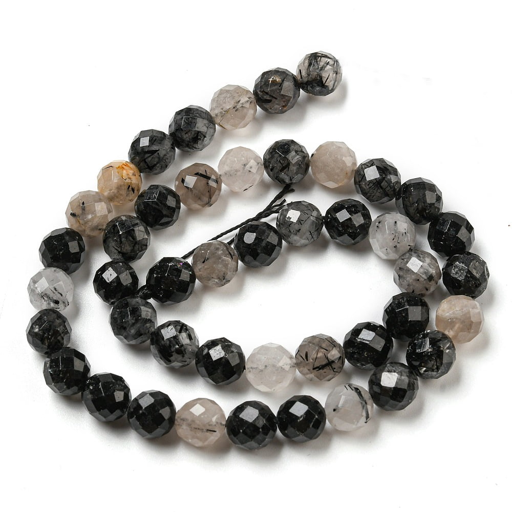 Natural Tourmalinated Quartz/Black Rutilated Quartz Beads Strands Faceted Round 8mm Hole: 0.8mm about 45~47pcs/strand 15''(38.1cm)