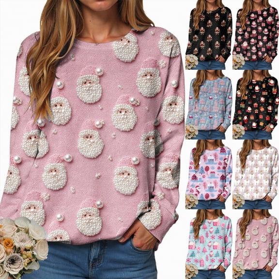 Xudanell Christmas Shirts for Women Crew Neck Long Sleeve Christmas Shirts Santas Graphic Tees Tops Holiday