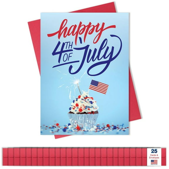 Happy 4th of July Greeting Cards – Cupcake Design with American Flag – 25 Pack with Red Envelopes – Perfect for Celebrating Independence Day