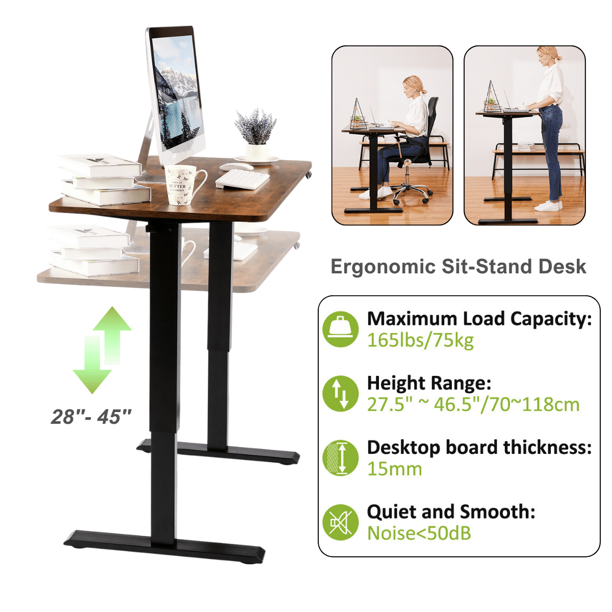 Legooin 63"W x 24"D Ergonomic Stand-up Table Height Adjustable Standing Desk with on Wheels Wooden Desktop Office Desk for Multi Monitors, Brown