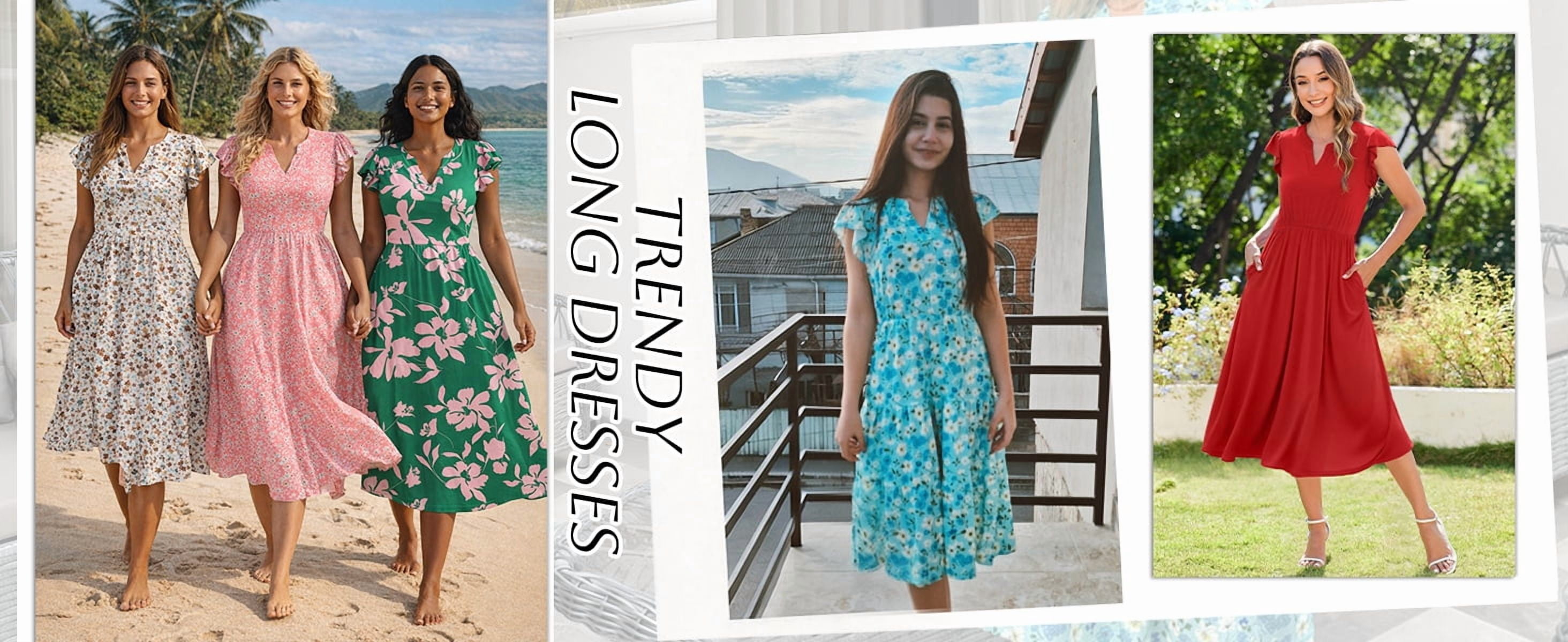 Fantaslook Summer Dresses for Women Ruffle Sleeve V Neck Midi Dresses Fashion Casual Flowy Vacation Sundress