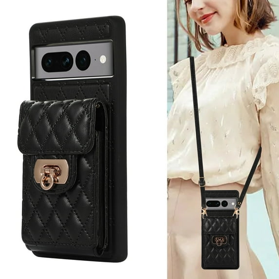 ELEHOLD for Google Pixel 7A Wallet Case with Card Holder, PU Leather Shockproof Crossbody Case with Metal Snap Adjustable Strap Lanyard Compatible with Google Pixel 7A,Black