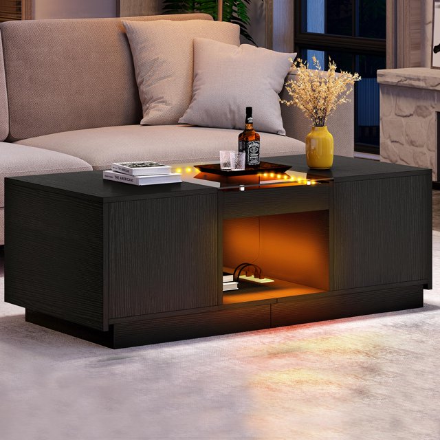 DWVO Modern LED Coffee Table Black Center Tables with Storage for