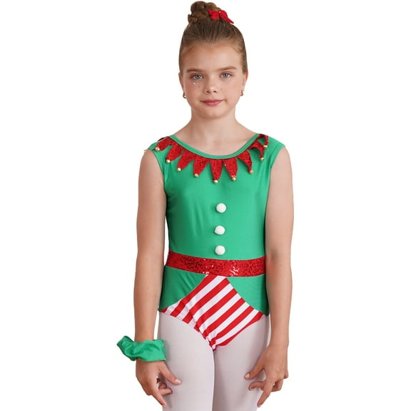 Aislor Kids Christmas Elf Costume Sequins Jumpsuit Gymnastic Dance Leotard Xmas Party Fancy Dress Size 4-14 Green 6