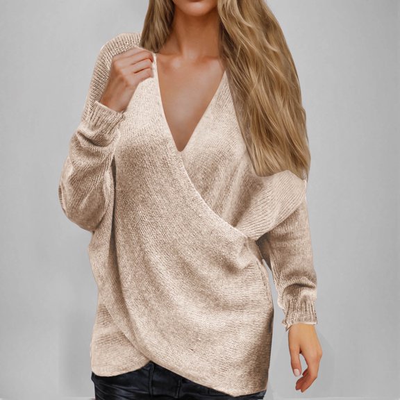 Juslio Women Sweaters Pullovers Women Tops Solid V Neck Long Sleeve Knit Beige