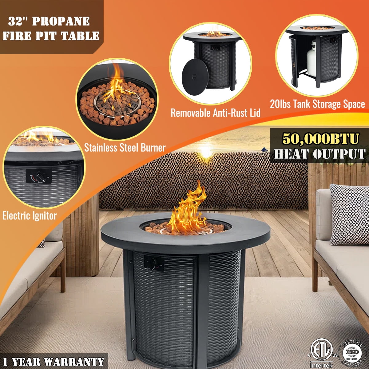 AJ Enjoy 32" Black Round Gas Fire Pit Table 50000 BTU Fire Column for Outside Backyard, Patio