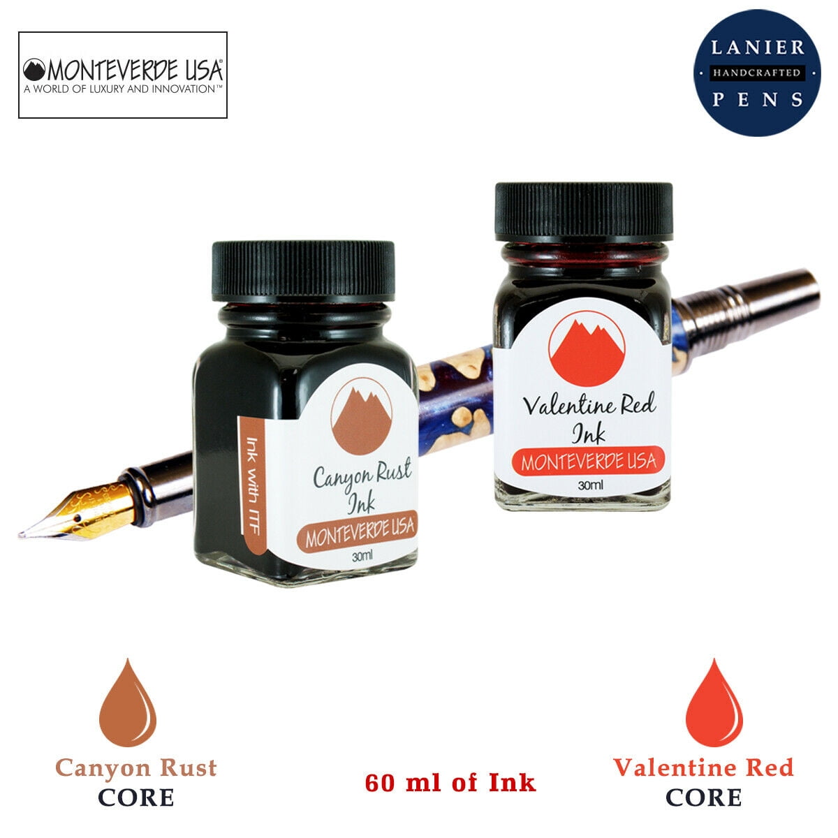 Monteverde 60ml Core Fountain Pen Ink Bottle (30ml Canyon Rust Ink Bottle G309CP, 30ml Valentine Red Ink Bottle G309VR)