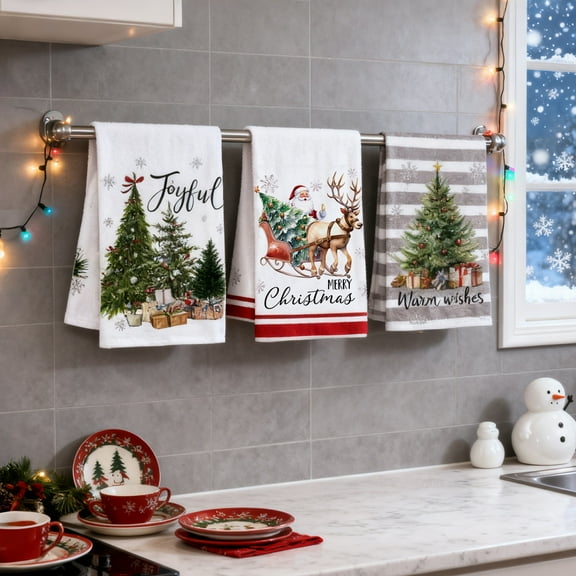 EclipseJewels Christmas Kitchen Towels Set, Winter Holiday Dish Towels 21x14 Inch, Decorative Absorbent Hand & Tea Towels for Festive Kitchen Decor, Gray,A