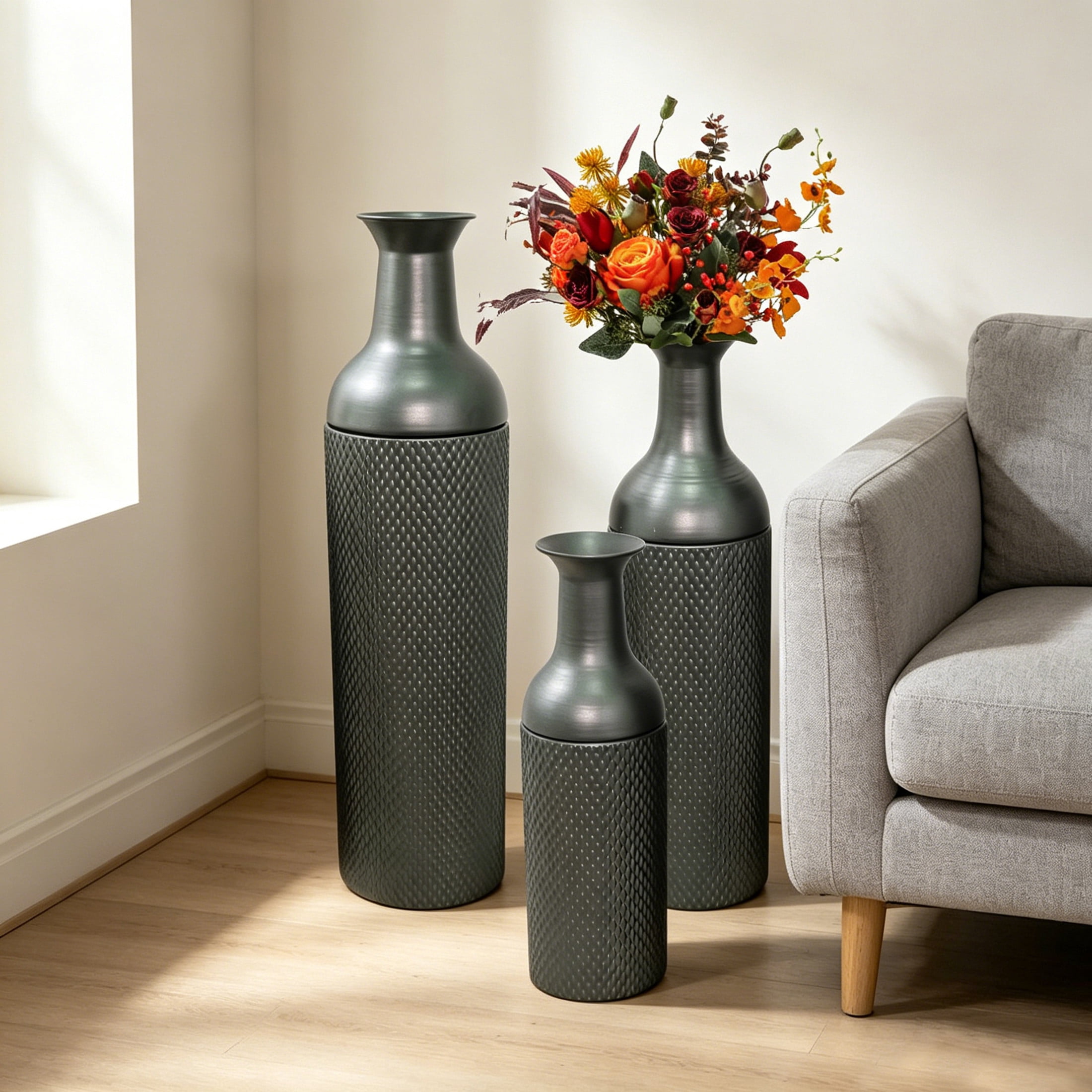 Noble House Set of 3 Decorative Metal Floor Vases, Tall Mesh Textured Vases for Home Decor, Black