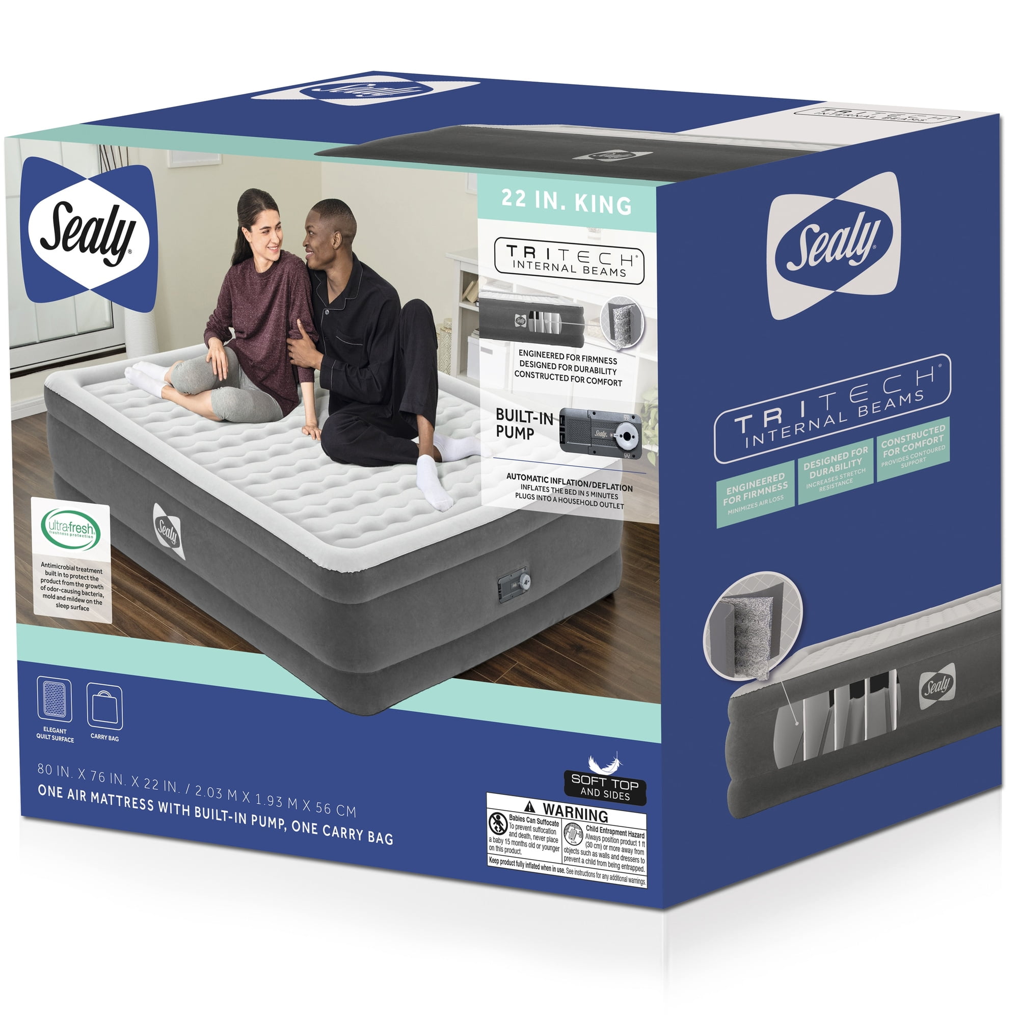 Tritech King 22" Air Mattress with Built-In AC Pump, Durable Inflatable Bed with Carry Bag