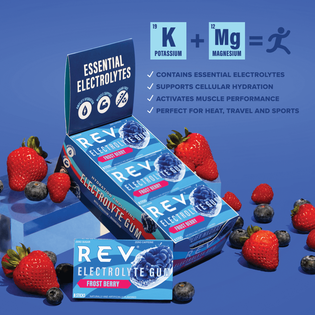 REV Electrolyte Gum, Frost Berry, Sugar-Free with Essential Electrolytes, 12 Count