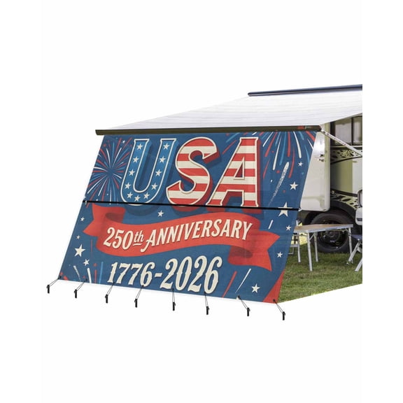 4th of July RV Awning Sun Shade Screen 9'X15.3' 250th Anniversary USA Mesh Sunscreen Patriotic Star Fireworks Awning Shade Screen with Zipper UV Blocker Completed Kits for RV Motorhome Camper