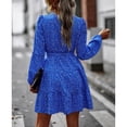 thumbnail image 3 of Vestido midi de manga larga con escote en V y flores de color azul con lazo en la cintura para primavera/otoño, 3 of 8