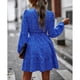 thumbnail image 3 of Vestido midi de manga larga con escote en V y estampado floral en color azul con lazo en la cintura para primavera/otoño, talla XL, 3 of 8