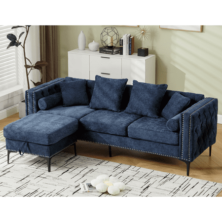 NEW ARRIVED! L-Shaped Chenille Sectional Sofa with Storage Ottoman, Modern Tufted Couch, Blue, Square Arms, Nailhead Trim, 85" for Living Room