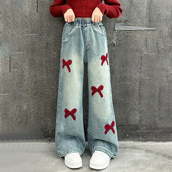 Girls Jeans Kids Child Girls Elastic Waist Wide Leg Thin Breathable Jeans with Bow Embroidery Baby Jeans Red 5 Years-6 Years