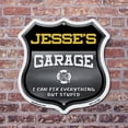 thumbnail image 3 of Jesse's Garage I Can Fix Everything But Stupid 6 inch X 6 inch Shield Shaped Commercial Grade Plastic Sign To last, Gift for Dads and Uncles Classic Americana Crafted in the USA, 3 of 6