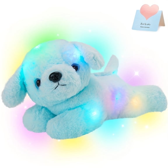 Houwsbaby 15'' Blue Light up Puppy Dog Stuffed Animal Soft Plush Toy Pillow Bedtime Pal Christmas Children's Day Birthday Gifts for Toddler Kids