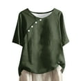 thumbnail image 2 of YHAJDS T Shirts for Women Womens Tops Short Sleeve Solid Color Round Neck Linen Bamboo Button Down Shirt, 2 of 5
