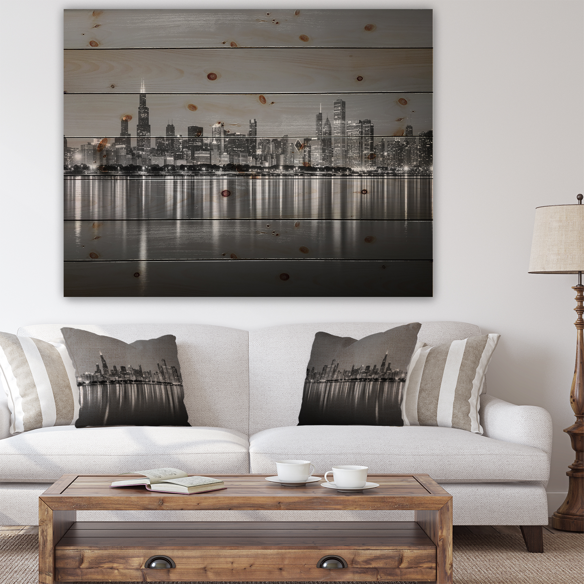 Designart 'Chicago Skyline at Night Black and White' Cityscape Print on Natural Pine Wood