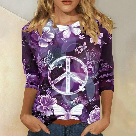 Aboser Womens T-shirts Peace Sign Hippie Theme T Shirt Soul Inspirational Tee Tops Party 60s 70s Outfit Women 3/4 Sleeve Casual T-Shirt