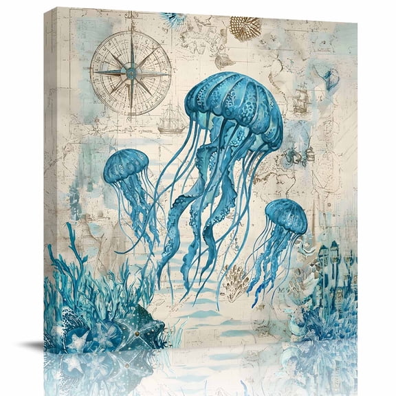 Framed Canvas Wall Art for Living Room Nautical Jellyfish Wall Decor, Ocean Navies Starfish Coral Shell Aesthetic Paintings for Bedroom Office Kitchen, Ready to Hang Artwork Wall Pictures 8x8 Inch