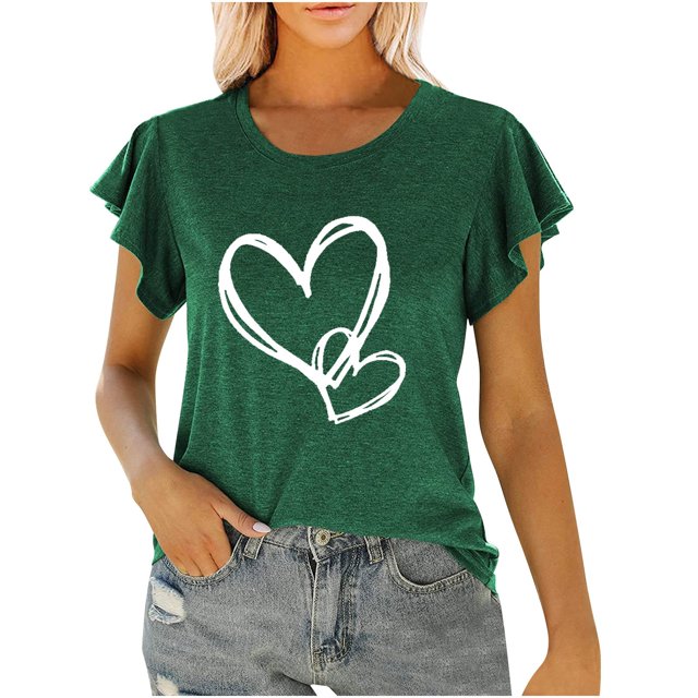 Timegard Top for Women Ruffle Short Sleeve Round Neck Valentine's Day Print Comfy Tee Shirts Summer Fashion