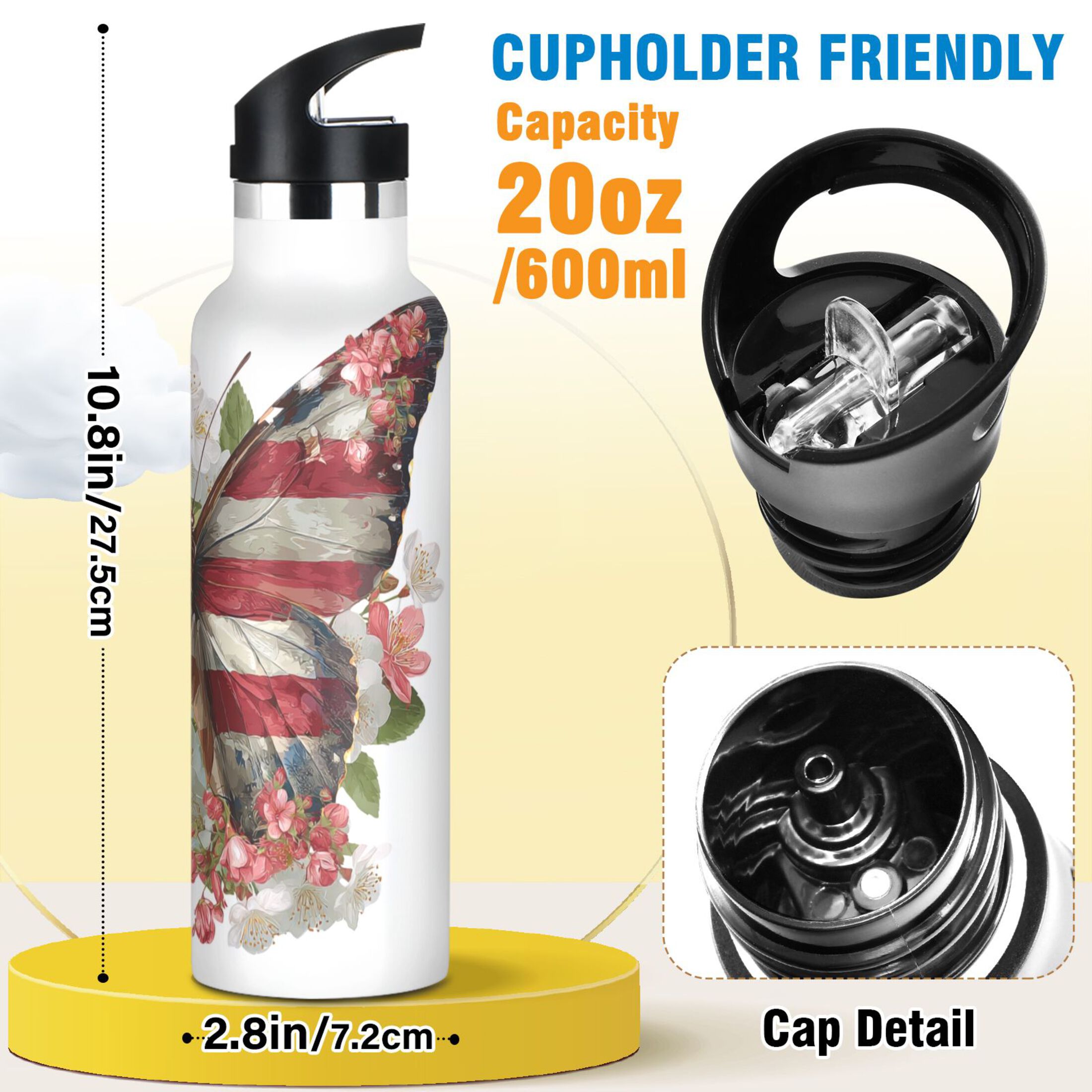 Kids Insulated Stainless Steel Sports Water Bottle 600ml (20oz) Butterfly with Flag Pattern