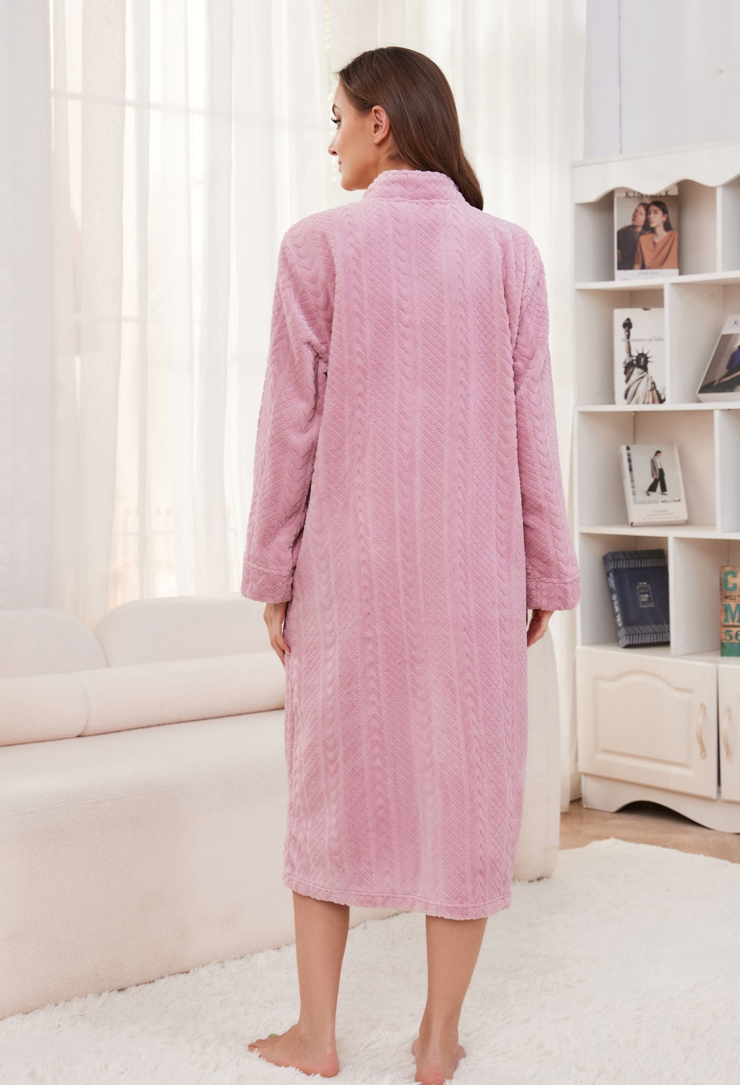 Women Plush Zipper Robe, Long Fleece House Coat Nightgown with Pockets Solid Bathrobe （Light Pink, L/XL）